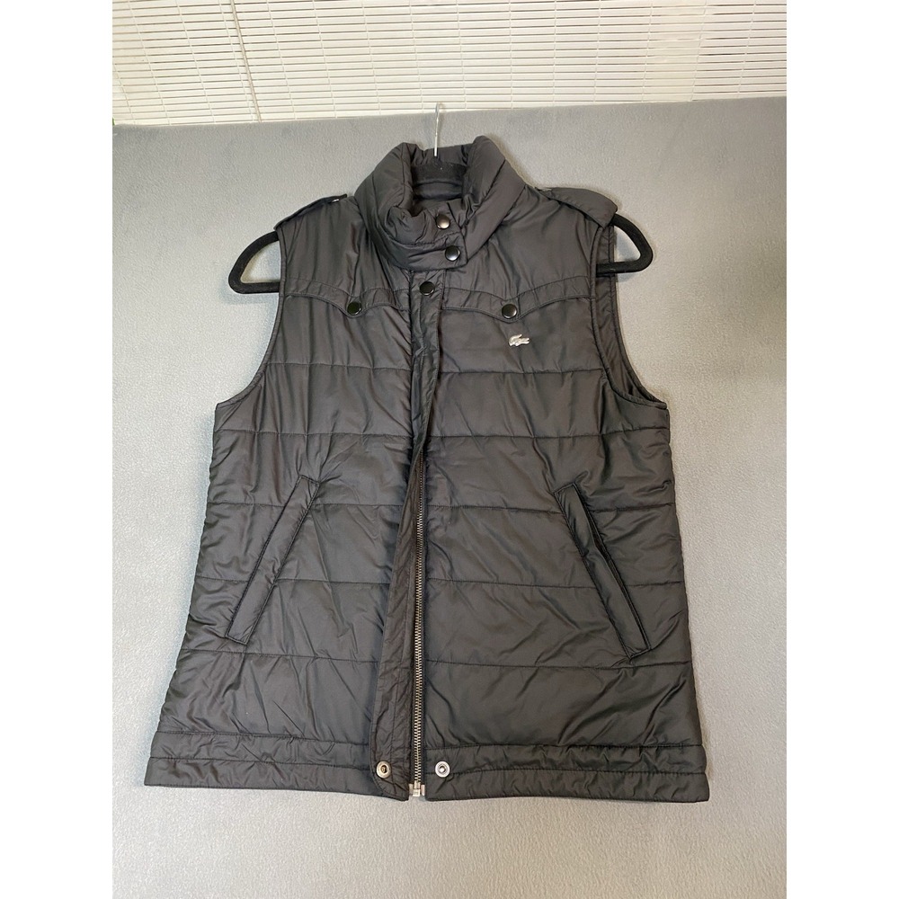 Lacoste Women's Medium Quilted Hooded Puffer Vest Black Zip Pockets Cabincore